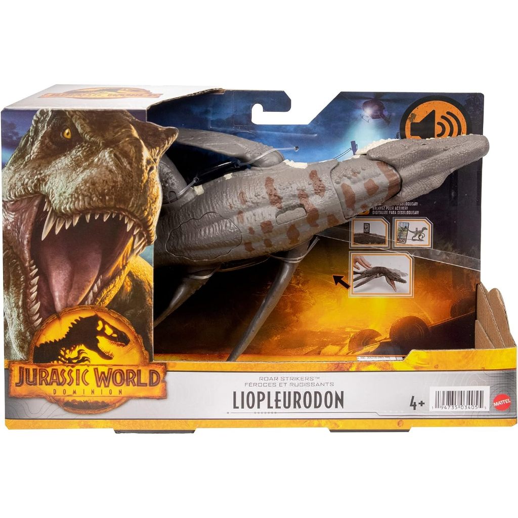 Jurassic World Dominion Roar Strikers Liopluerodon Aquatic Dinosaur Action Figure พร้อมการโจมตีการเคลื่อนไหวและเสียง, ของเล่นของขวัญที่มีทางกายภาพและดิจิตอล Play HDX38