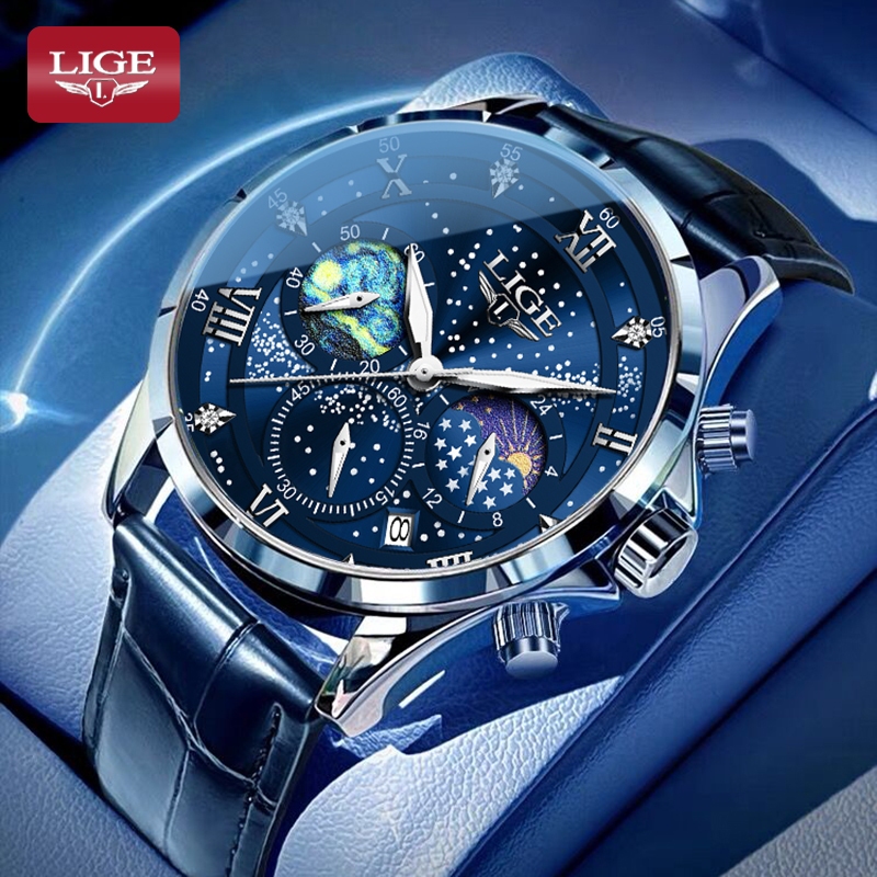 LIGE นาฬิกาผู้ชาย แท้ นาฬิกาข้อมือ สายหนัง โครโนกราฟ เรืองแสง กันน้ํา สไตล์สปอร์ต สําหรับผู้ชาย นาฬิกา