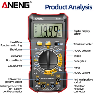มัลติมิเตอร์แบบดิจิตอล ANENG SZ304 หนึ่งชุด, True RMS 2000 นับเครื่องทดสอบมือถือพร้อม NCV สําหรับการวัดไฟฟ้า