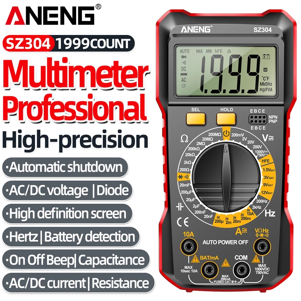มัลติมิเตอร์แบบดิจิตอล ANENG SZ304 หนึ่งชุด, True RMS 2000 นับเครื่องทดสอบมือถือพร้อม NCV สําหรับการวัดไฟฟ้า