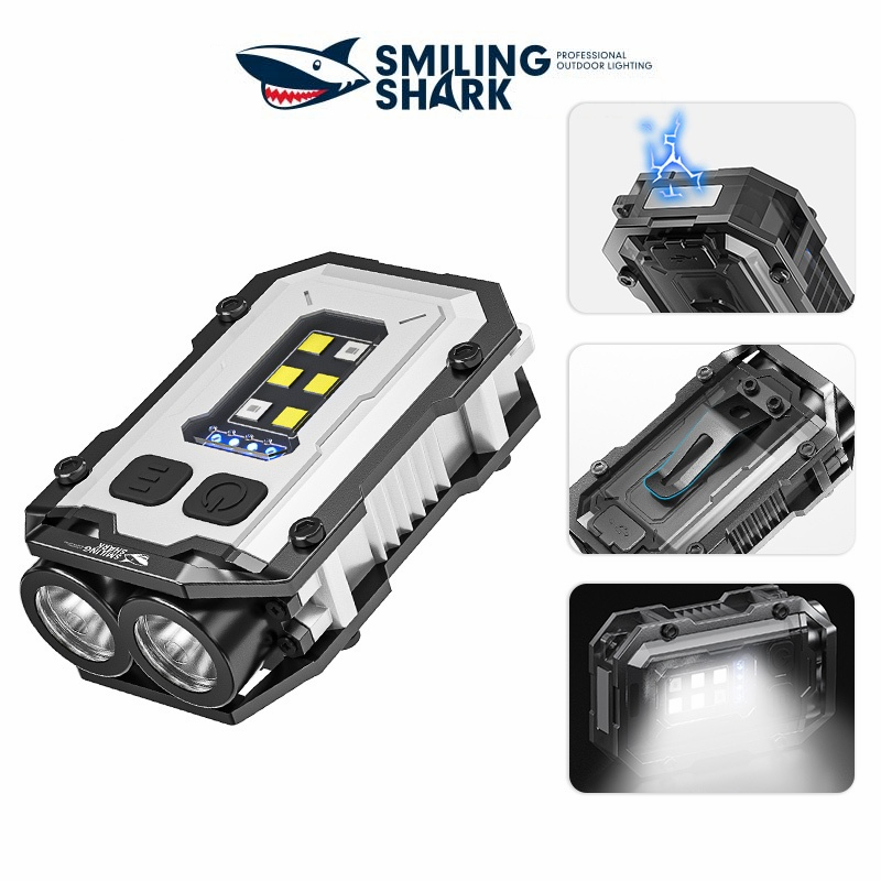 Smiling Shark TIP0019 ไฟทำงานขนาดเล็ก พวงกุญแจไฟ ซังแบบพกพา ด้วยแม่เหล็ก คลิปโลหะ ชาร์จ USB ได้ กันน้ำ โคมไฟทำงาน ซ่อมรถกลางคืน ไฟเตือนกระพริบสีแดงสีน้ำเงิน ไฟฉุกเ