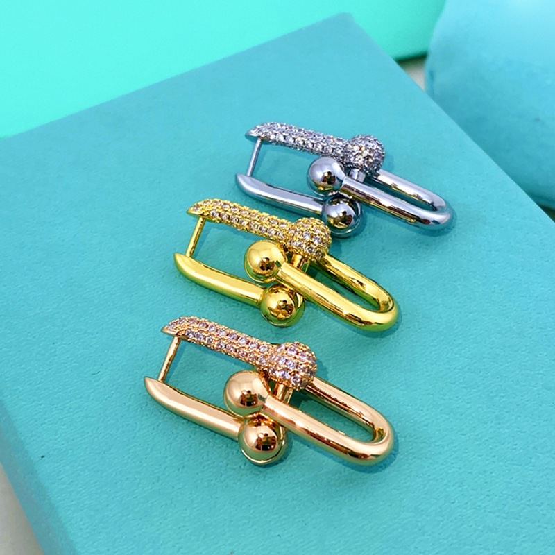 ต่างหูแหวนคู่ รูปตัว U ประดับเพชร สีโรสโกลด์ 18k
