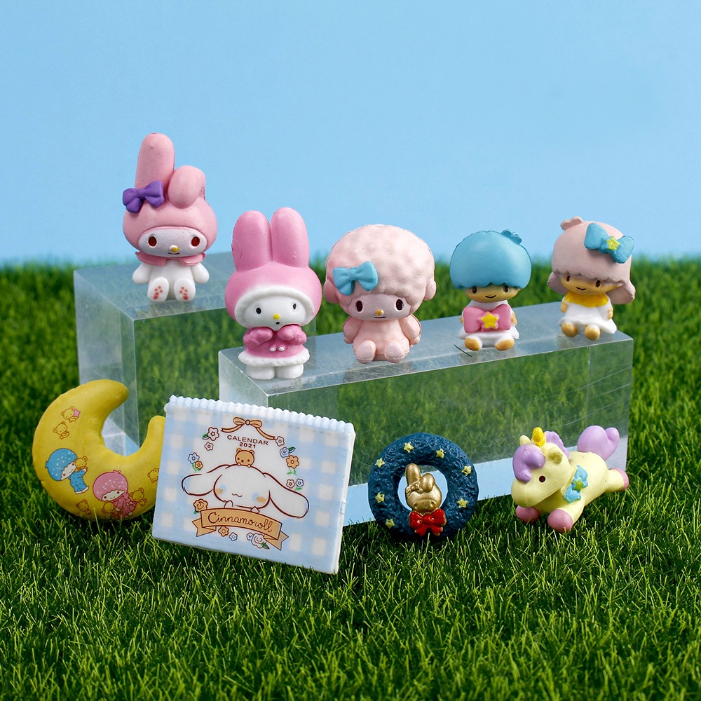 9 ชิ้น/เซ็ต 2.5 ซม.การ์ตูนอะนิเมะรูป My Melody Cinnamoroll Little Twin Stars เปียโนยูนิคอร์น Moon รุ่น Q PVC ตัวเลขการกระทําตุ๊กตาของเล่นเด็กของขวัญ