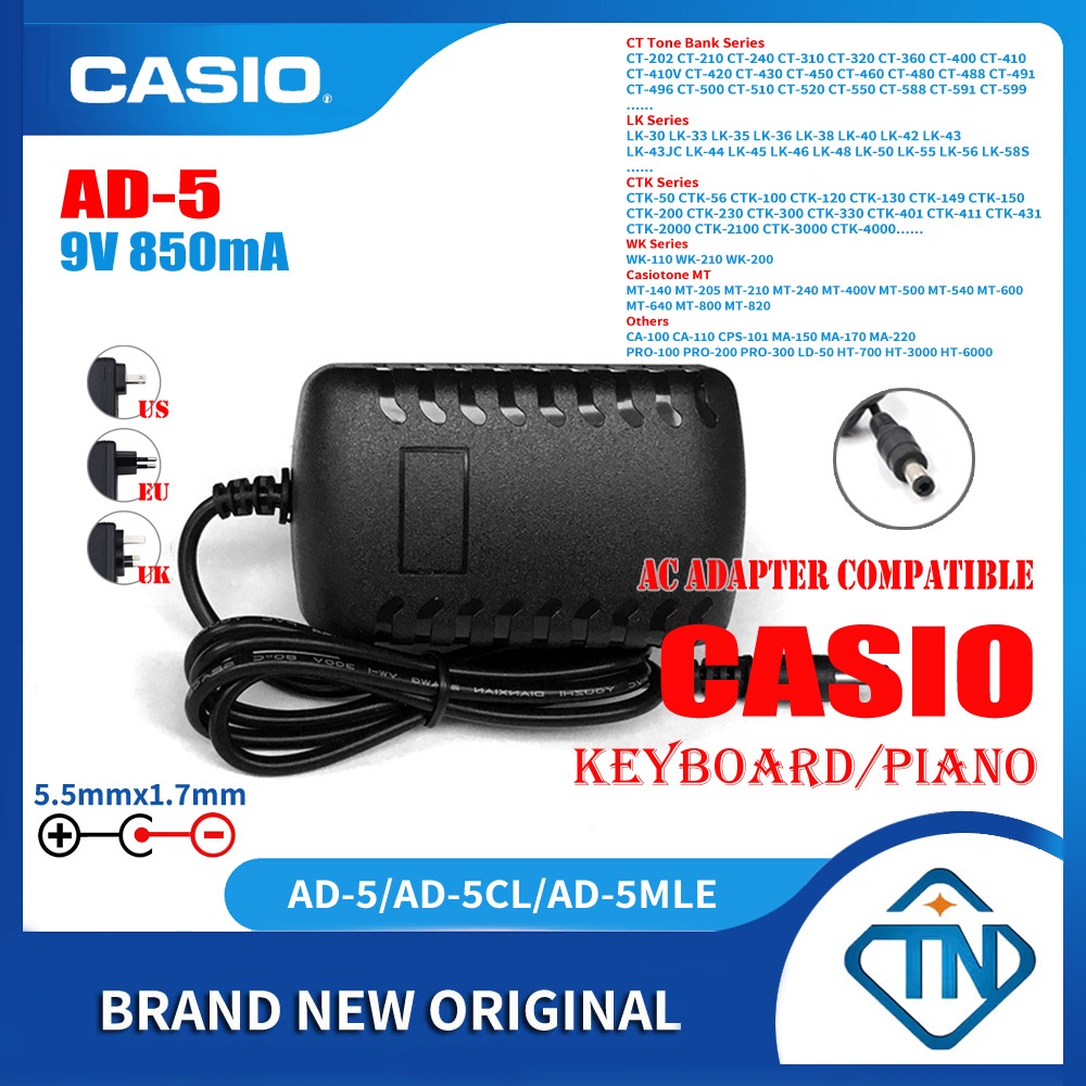 อะแดปเตอร์ชาร์จพาวเวอร์ซัพพลาย 9V 850mA AD-5 ADR-8 สําหรับคีย์บอร์ดเปียโน Casio CA-100 CA-110 CPS-101 CPS-120 LD-50 HT-700 HT-6000