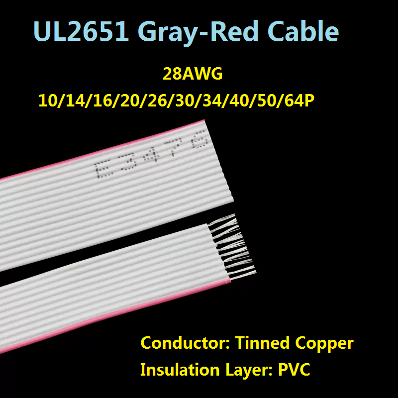 UL2651 สีเทา-สีแดงสาย 28AWG ดีบุกทองแดงลวด Terminal สาย 10/14/16/20/26/30/34/40/50/64P-3/5Meter