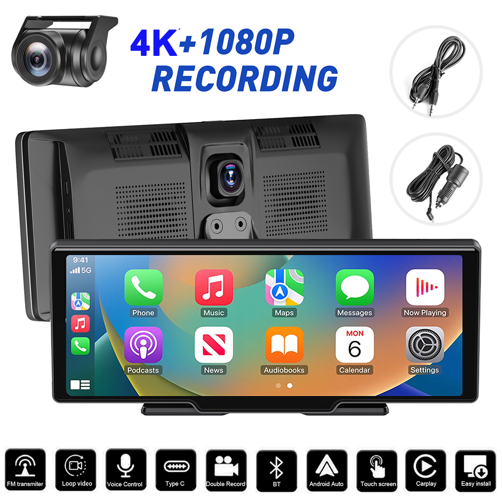 4K + 1080P หน้าจอสัมผัสขนาด 10 นิ้ว Dual Lens รถ DVR Dash Cam WIFI Bluetooth Voice Control Car Camera Drive Recorder 170° Wide Angle Parking Monitor
