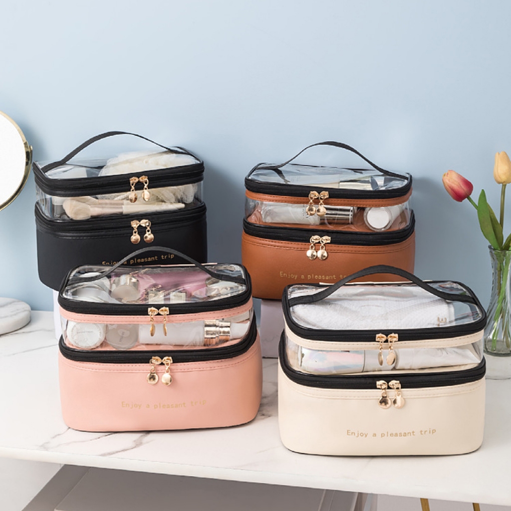 กระเป๋าเครื่องสําอาง หนัง PU สองชั้น ความจุขนาดใหญ่ แบบพกพา กันน้ํา สําหรับเดินทาง