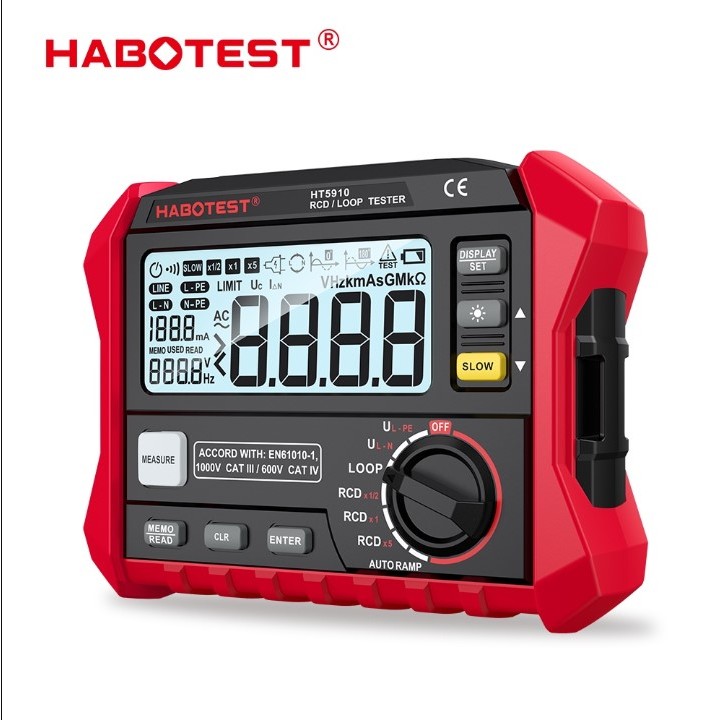 HABOTEST HT5910 เครื่องทดสอบ RCD / Loop แบบดิจิตอล 4.7 นิ้ว LCD Resistance Meter การรั่วไหลของสวิตช์ Tester 1000 โวลต์มิเตอร์จัดเก็บข้อมูล
