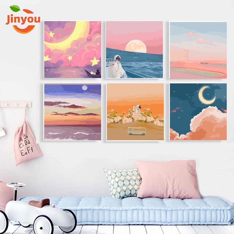 JINYOU【20*20ซม.】ระบายสีตามตัวเลข/พร้อมกรอบ/ภาพวาดสีน้ำมันขนาดเล็ก/เต็มไปด้วยดวงดาวและดวงจันทร์/จิตรกรรมภูมิทัศน์/ระบายสีตามตัวเลขขึงเฟรม/สีอะคริลิควาดด้วยมือ/ภาพระบายสีตามตัวเลข/ภาพวาดตกแต่ง