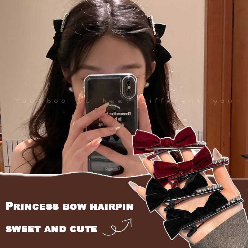 [Beautiful Magpie] กิ๊บติดผม ผ้ากํามะหยี่ ประดับโบว์ พลอยเทียม สําหรับเจ้าหญิง