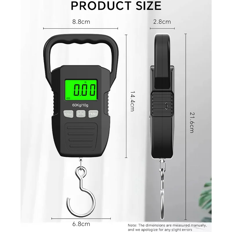 เครื่องชั่งน้ําหนักดิจิทัล LCD 60 กก. 10 ก. แบตเตอรี่ แบบพกพา ชาร์จ USB เทปวัด 1.5 ม.