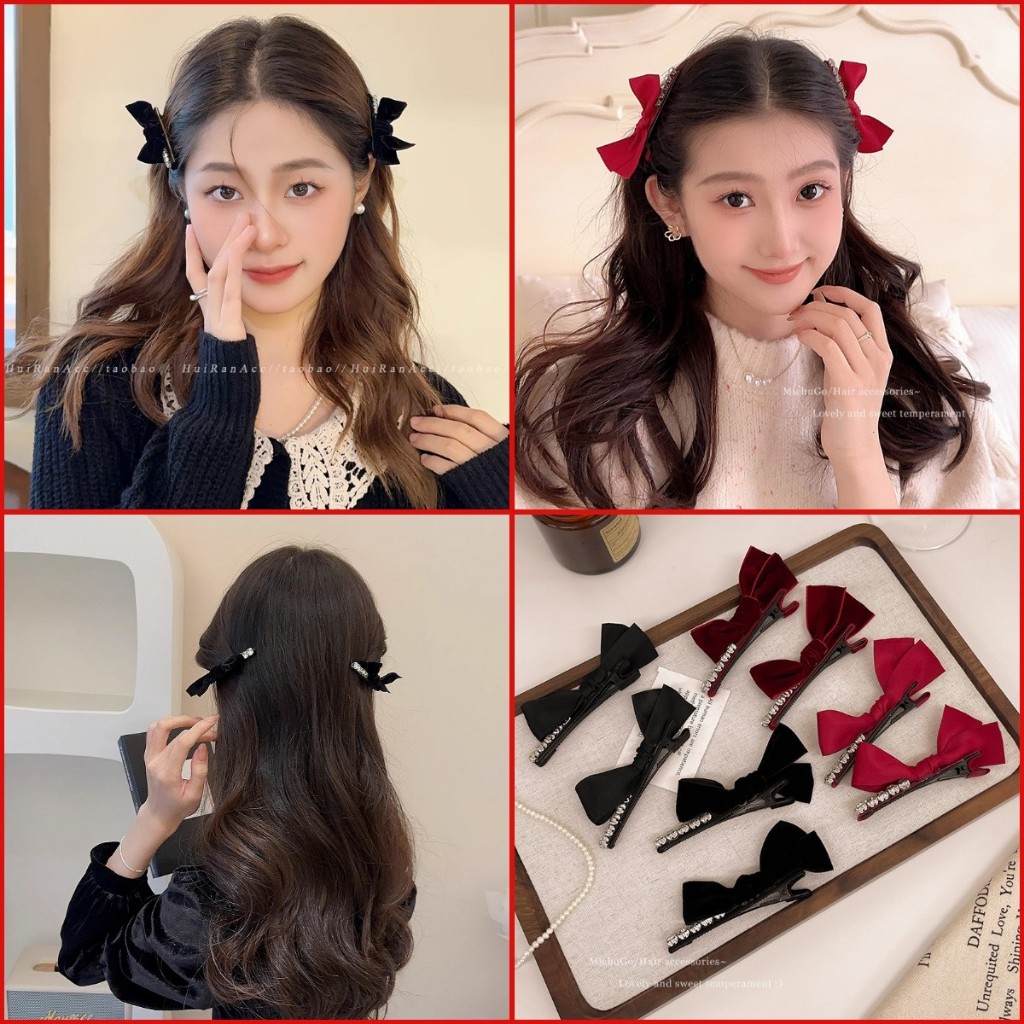 กิ๊บติดผม ผ้ากํามะหยี่ ประดับโบว์ พลอยเทียม สามมิติ สีดํา สไตล์เกาหลี ระดับไฮเอนด์