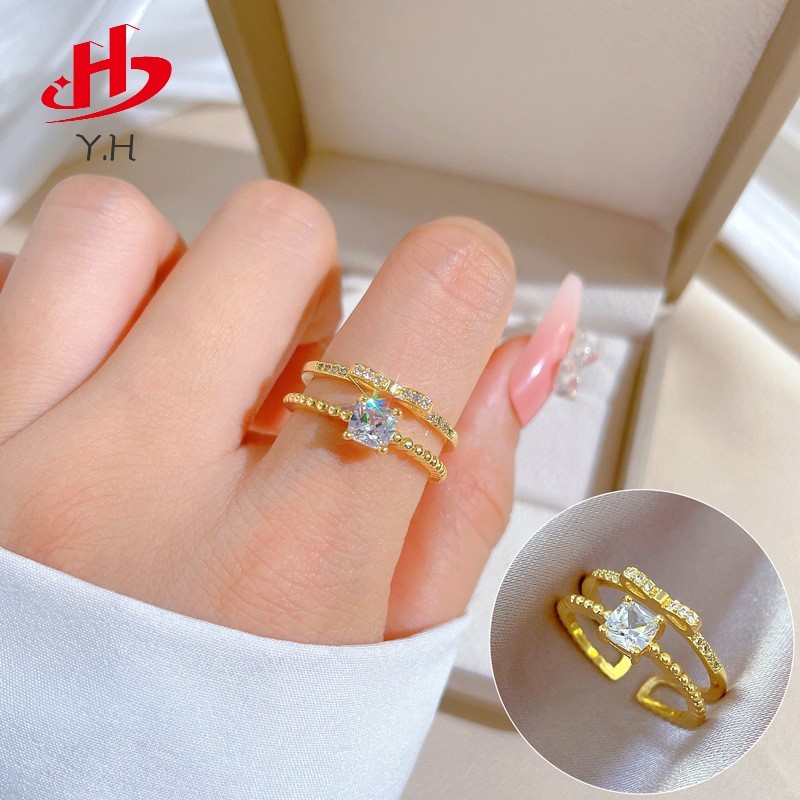 Y.H โบว์กับเพชร 18K สีทอง แหวนคุณภาพสูง