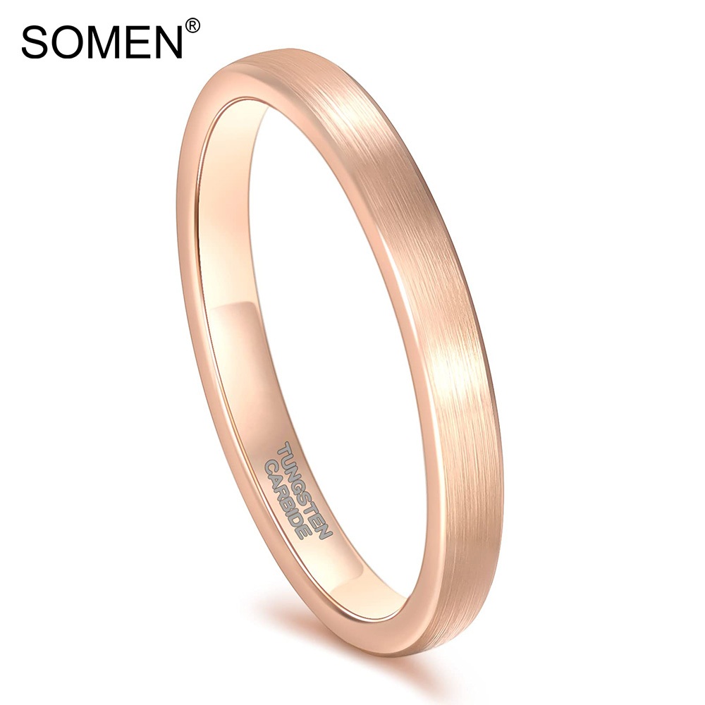 Somen 3 มม.แหวนทังสเตน Rose Gold สําหรับผู้หญิงผู้ชายบางแปรงแบนงานแต่งงานขนาด 4-11