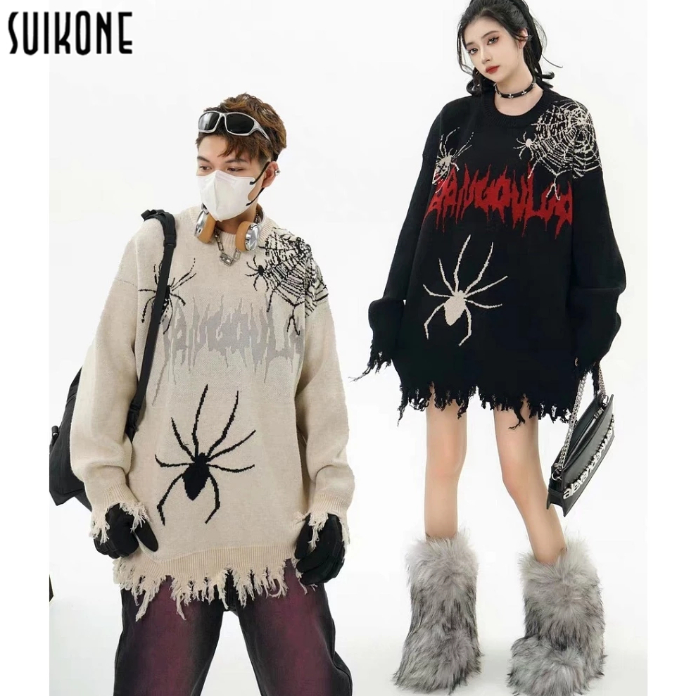 Suikone เสื้อกันหนาวแขนยาวลําลอง คอกลม ผ้าถัก ทรงหลวม ลายแมงมุม สไตล์ฮิปฮอป สําหรับผู้ชาย และผู้หญิง