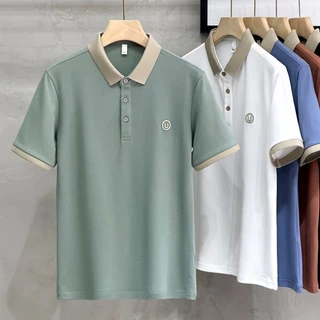 เสื้อโปโลแขนสั้นลําลอง เนื้อผ้าฝ้าย ปักลาย ทรงหลวม ระบายอากาศ สไตล์นักธุรกิจ สําหรับผู้ชาย มี 5 สี