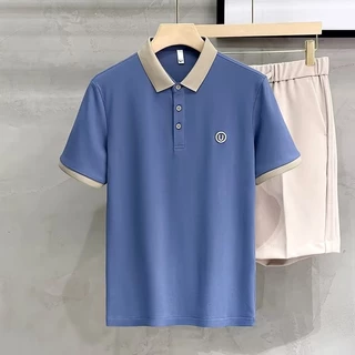 เสื้อโปโลแขนสั้นลําลอง เนื้อผ้าฝ้าย ปักลาย ทรงหลวม ระบายอากาศ สไตล์นักธุรกิจ สําหรับผู้ชาย มี 5 สี