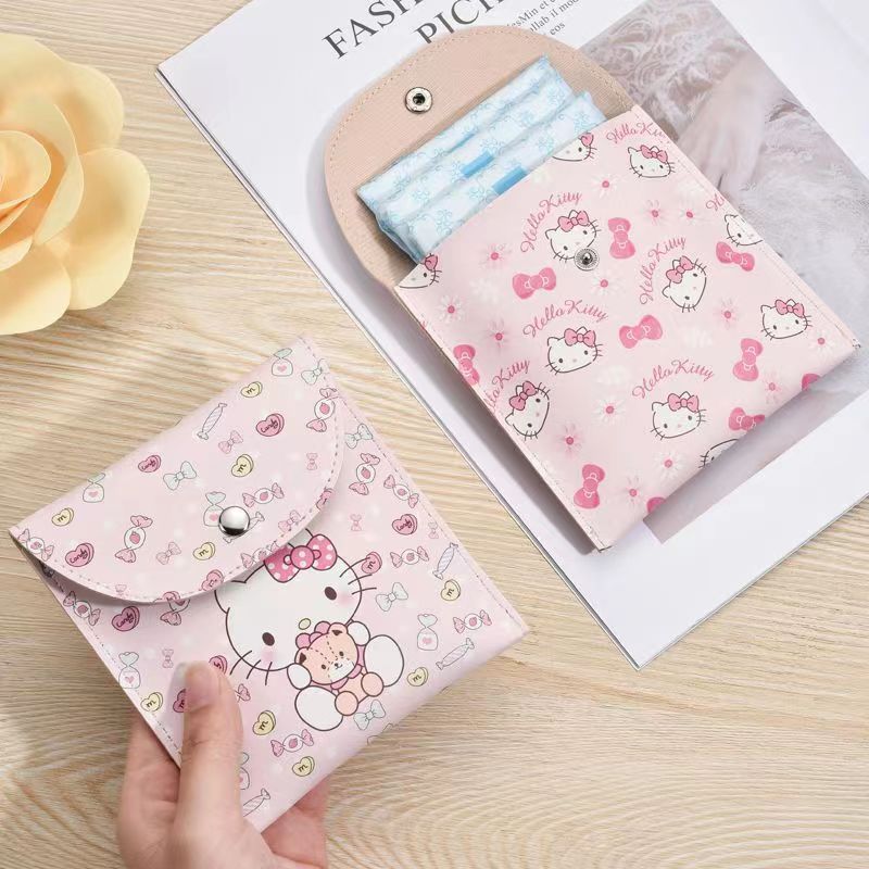 การ์ตูนอะนิเมะ Sanrio Hello Kitty กระเป๋าผ้าอนามัยกันน้ํา Pu กระเป๋าใส่เหรียญผู้ถือบัตรเครดิตกระเป๋า Organizer กระเป๋าสตางค์ผู้หญิง
