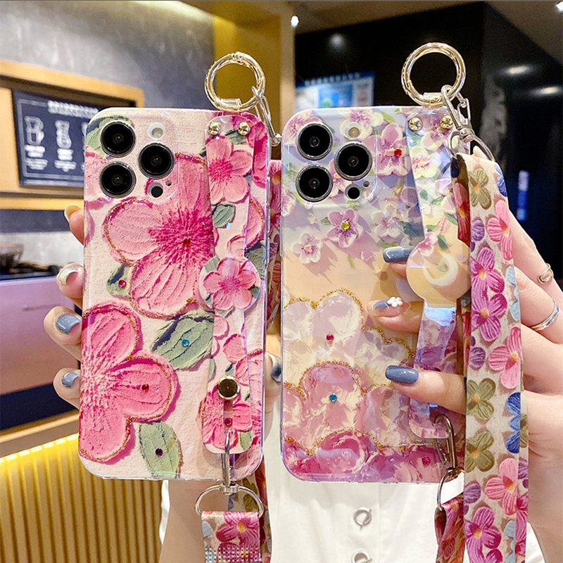 เคสโทรศัพท์มือถือ ลายดอกไม้ แต่งกลิตเตอร์ พร้อมสายคล้องข้อมือ และสายคล้อง สําหรับ iPhone 15 Pro Max 14 Plus 14 13 12 Pro Max 15plus 14promax 13promax