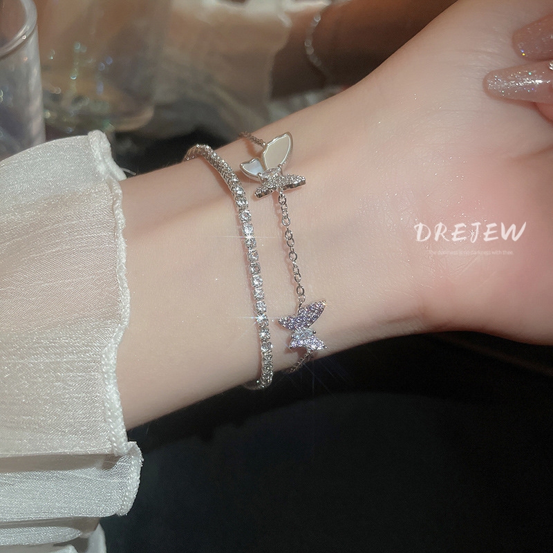 DREJEW สร้อยข้อมือ สองชั้น ประดับเพทาย ผีเสื้อ หรูหรา เรียบง่าย ระดับไฮเอนด์ สไตล์ใหม่ สําหรับผู้หญิง