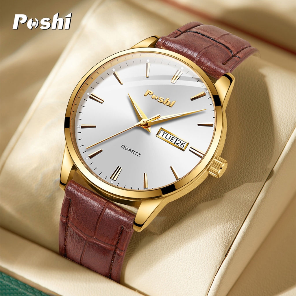 Poshi Jam Tangan Lelaki นาฬิกากันน้ําผู้ชายควอตซ์หนังน้ําทนปฏิทินมัลติฟังก์ชั่นหรูหราแฟชั่นนาฬิกาผู้ชาย