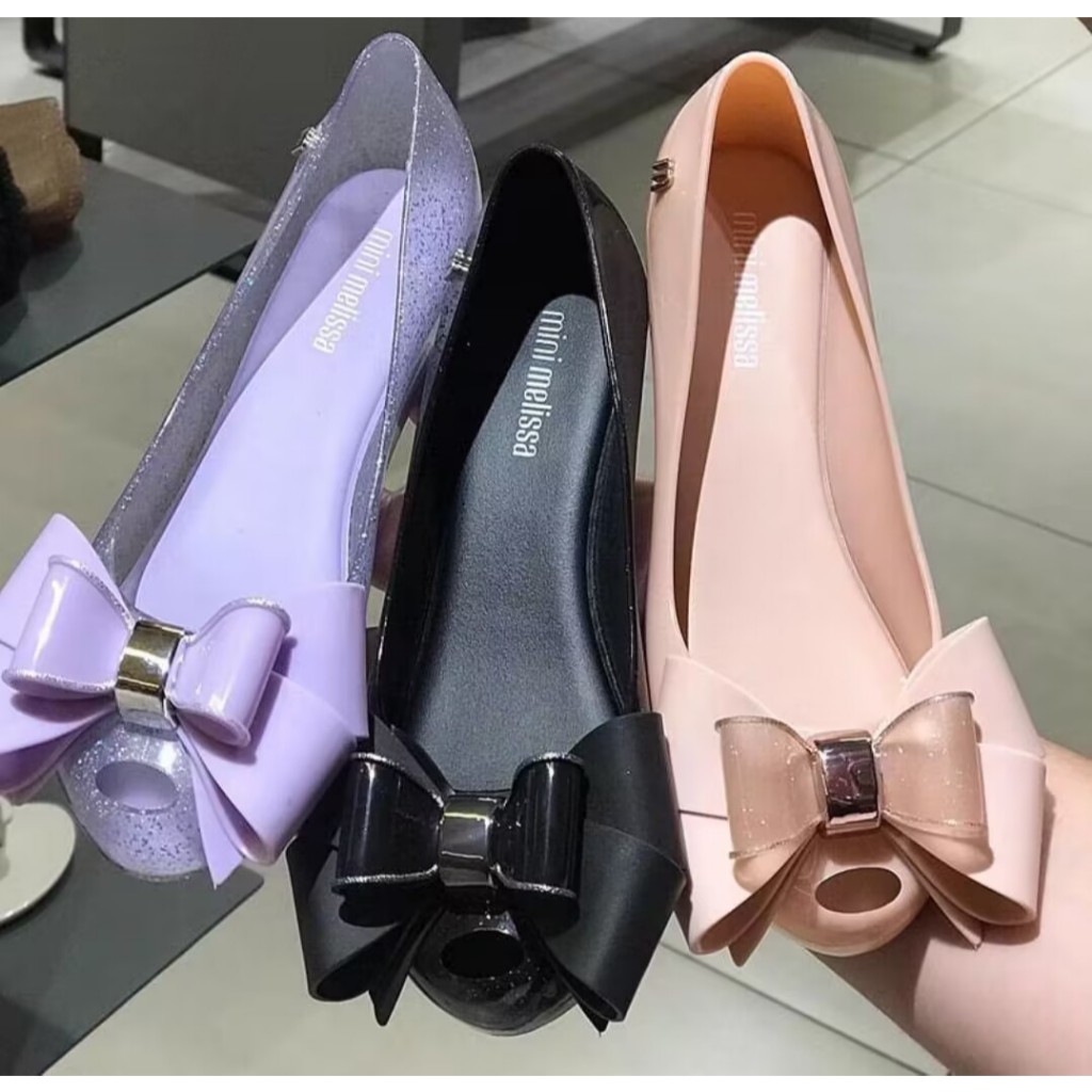 Melissa 2024 สไตล์ใหม่ขนาดกลางเด็กใหญ่โบว์รองเท้าเจลลี่ปลาปากรองเท้าชายหาดพื้นนุ่ม