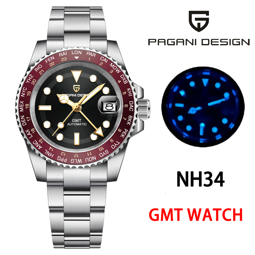 Pagani Design 40MM GMT ผู้ชาย นาฬิกาออโตเมติก NH34 100M กันน้ำ เหล็กกล้าไร้สนิม นาฬิกาแฟชั่นผู้ชาย automatic PD-1758