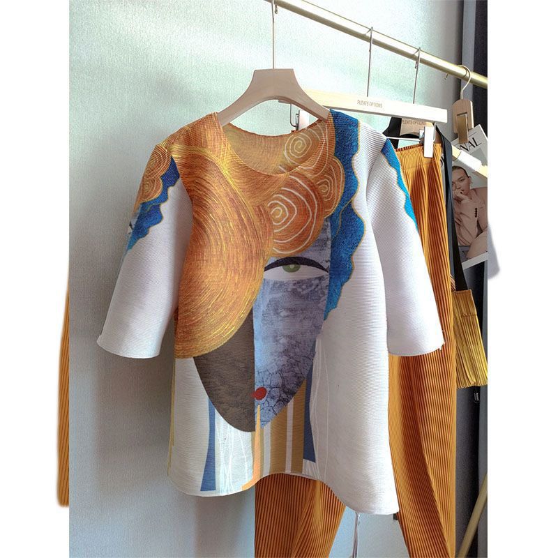 สไตล์ใหม่รอบคอออกแบบพิมพ์หลวม Slimmer ดูแฟชั่น Classy Top ขนาดใหญ่ Issey Miyake จีบกระโปรง