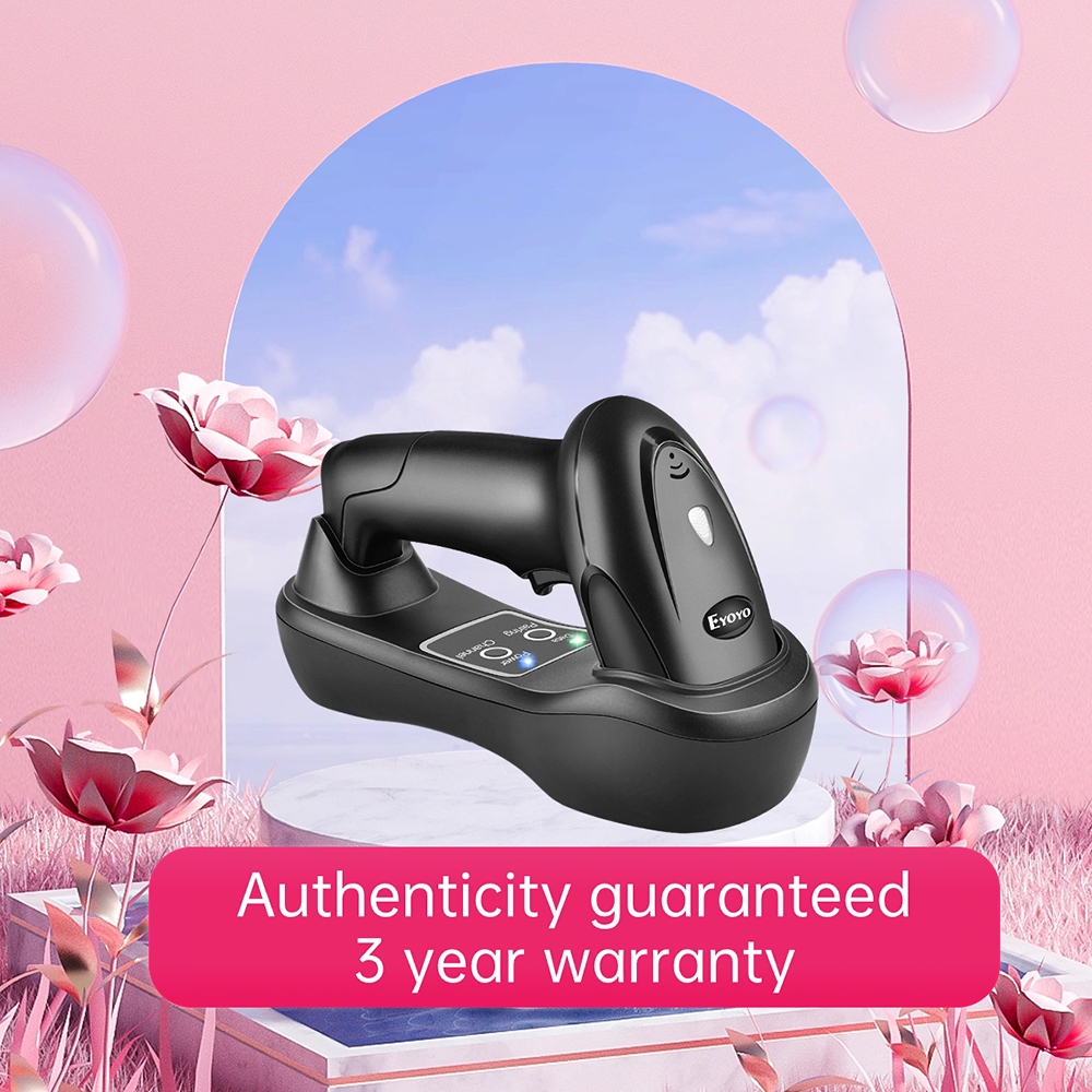 Eyoyo เครื่องสแกนบาร์โค้ดไร้สาย 1D พร้อม USB Cradle Receiver ฐานชาร์จและปุ่มควบคุม, มือถือ 1D Barcode Reader 492ft เกียร์ยาวแบบพกพา 1D ภาพสแกนสําหรับ PC Lapt