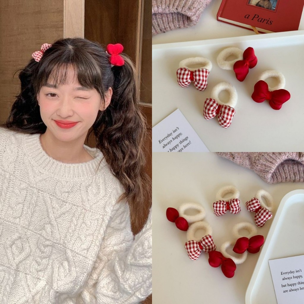 [Magpie] สาวหวาน ลายสก๊อต สีแดง โบว์ ยางรัดผม สาว ตุ๊กตา ผม วงกลม เชือกผูกผม ยางรัดผม ลูกบอล เครื่องประดับผม