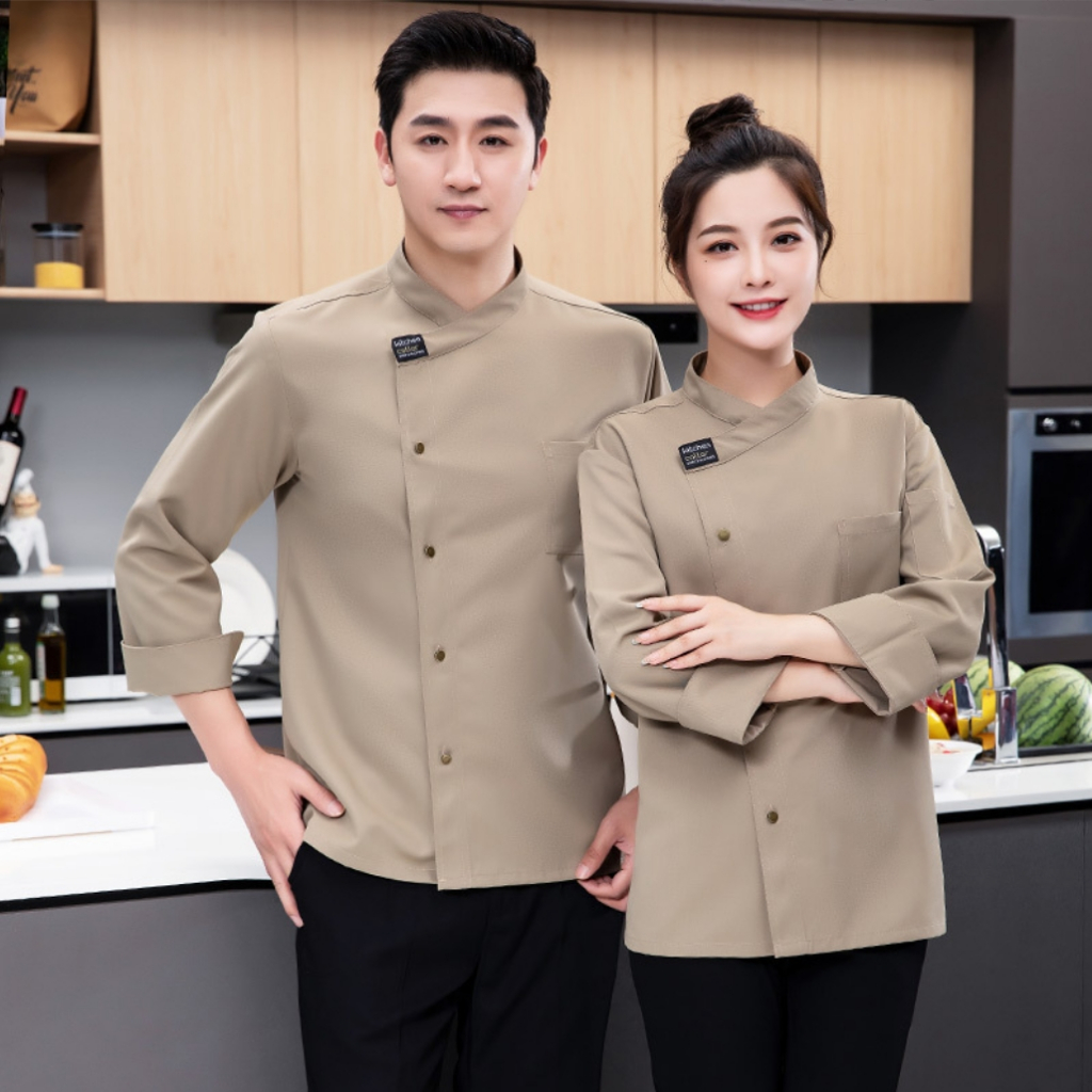 ชุดยูนิฟอร์มเชฟ แขนยาว ลายโลโก้เชฟ สีดํา สําหรับผู้ชาย และผู้หญิง เหมาะกับร้านอาหาร ร้านกาแฟ