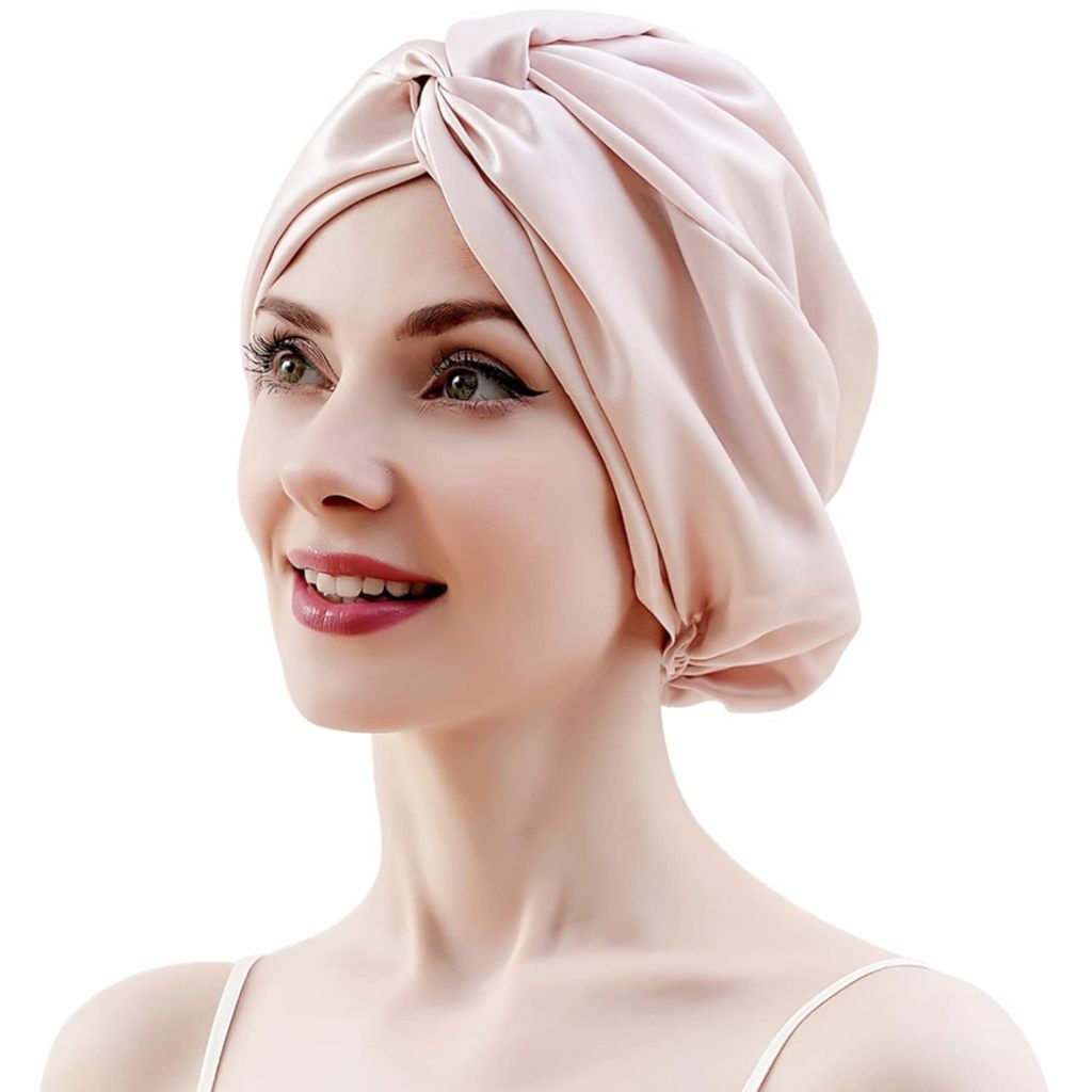 100% Pure Mulberry Silk Sleep Cap สําหรับผู้หญิง Hair Care,ธรรมชาติ 16 Momme Silk Night Bonnet พร้อมยืดหยุ่น Stay On Head