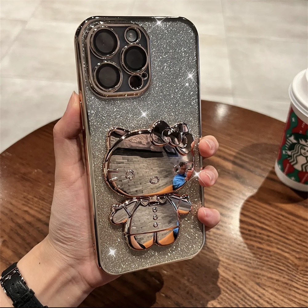 เคสโทรศัพท์มือถือ ลายคิตตี้ แต่งกลิตเตอร์ พร้อมกระจกแต่งหน้า สําหรับ iPhone 15 Pro Max 14 13 12 11 Pro Max X XR XS Max