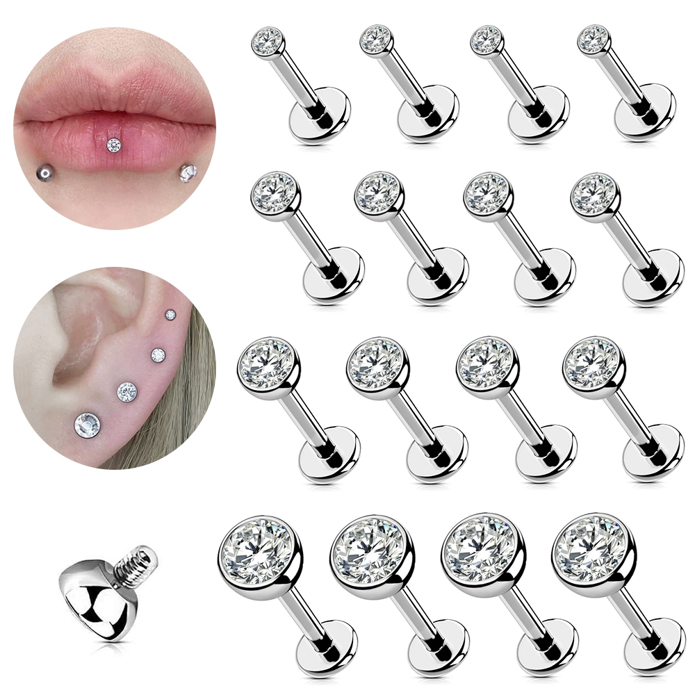 1 PC 1.5/2/3/4/5 มม.คริสตัลสแตนเลส Lip Stud Monroe จมูก Labret เจาะต่างหูกระดูกอ่อน Helix Tragus Conch 16G