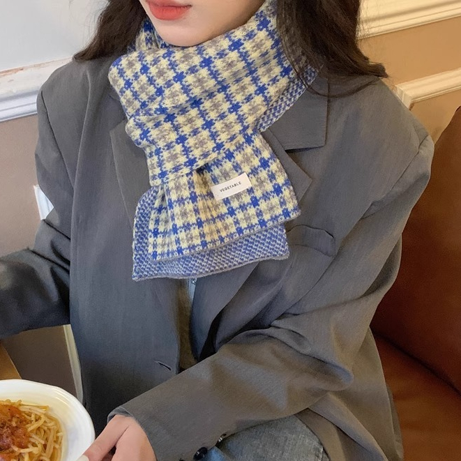 ผ้าพันคอ ผ้าวูลถัก ลายสก๊อต สีขาว สไตล์เกาหลี เรโทร สําหรับผู้หญิง