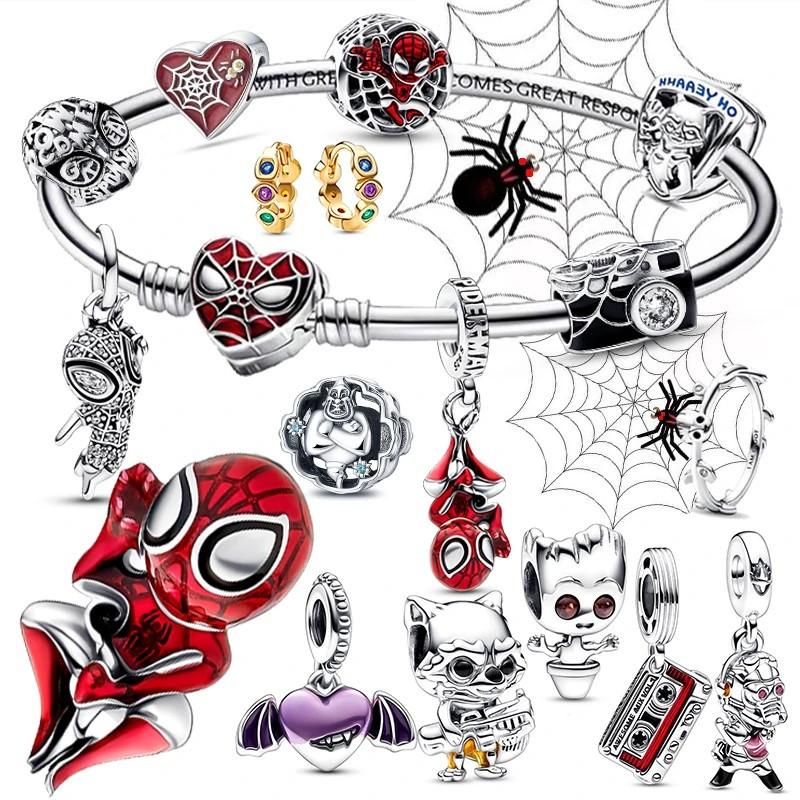 S925 Silver Plated PAN Charm Marvel Series Beaded Spiderman จี้เหมาะสําหรับ DIY สร้อยข้อมือสร้อยคออุปกรณ์เสริมเครื่องประดับประณีตของขวัญ