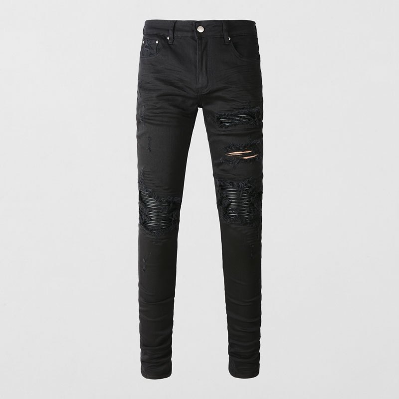 Amiri High Street Fashion Mens Jeans กางเกงยีนส์สีดำผอมเจาะหนังออกแบบแพทช์ผู้ชายกางเกงยีนส์คุณภาพดี