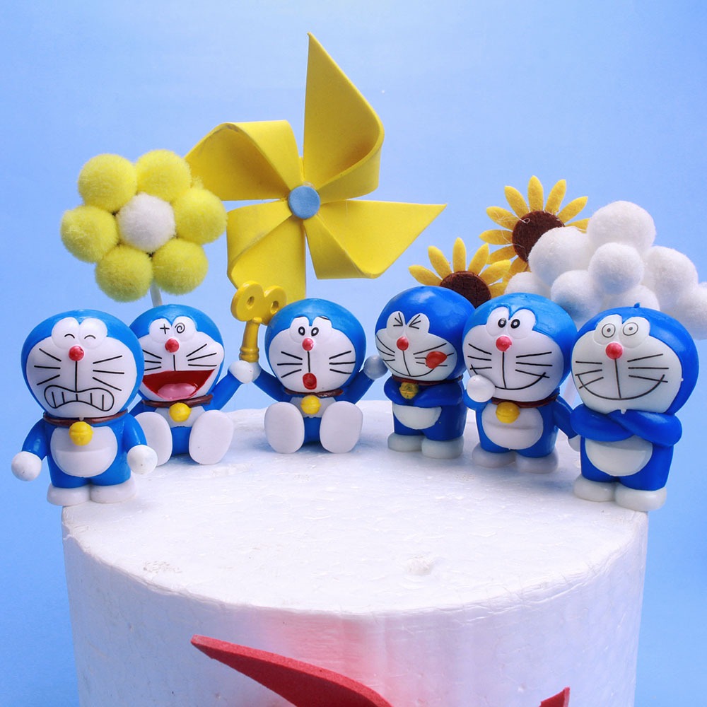 โมเดลฟิกเกอร์ PVC รูปหุ่นยนต์โดราเอม่อน แมว หลายสี 6 ชิ้น ต่อชุด สําหรับตกแต่งเค้ก