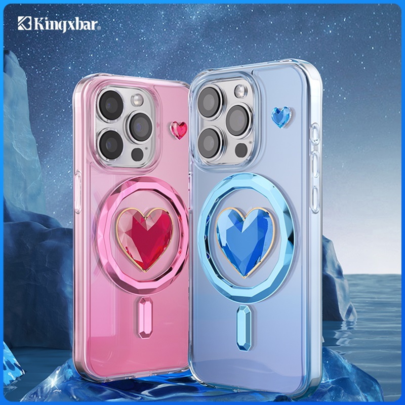 Kingxbar เคสโทรศัพท์มือถือ แบบใส ลายหัวใจ 3D ประดับคริสตัล วิบวับ สําหรับ iPhone 15 Pro 15 15 Pro Max Clear Bling Crystal เคสโทรศัพท์แม่เหล็กเคส IML Case