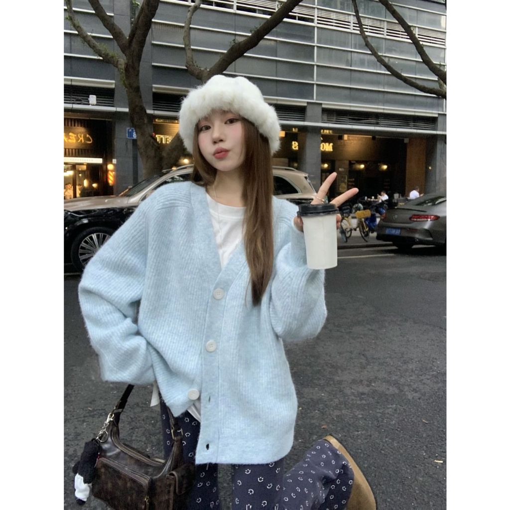 [Love laugher gir]เสื้อแจ็กเก็ตคาร์ดิแกน กระดุมแถวเดียว ทรงหลวม เข้ากับทุกการแต่งกาย แฟชั่นฤดูใบไม้ร่วง