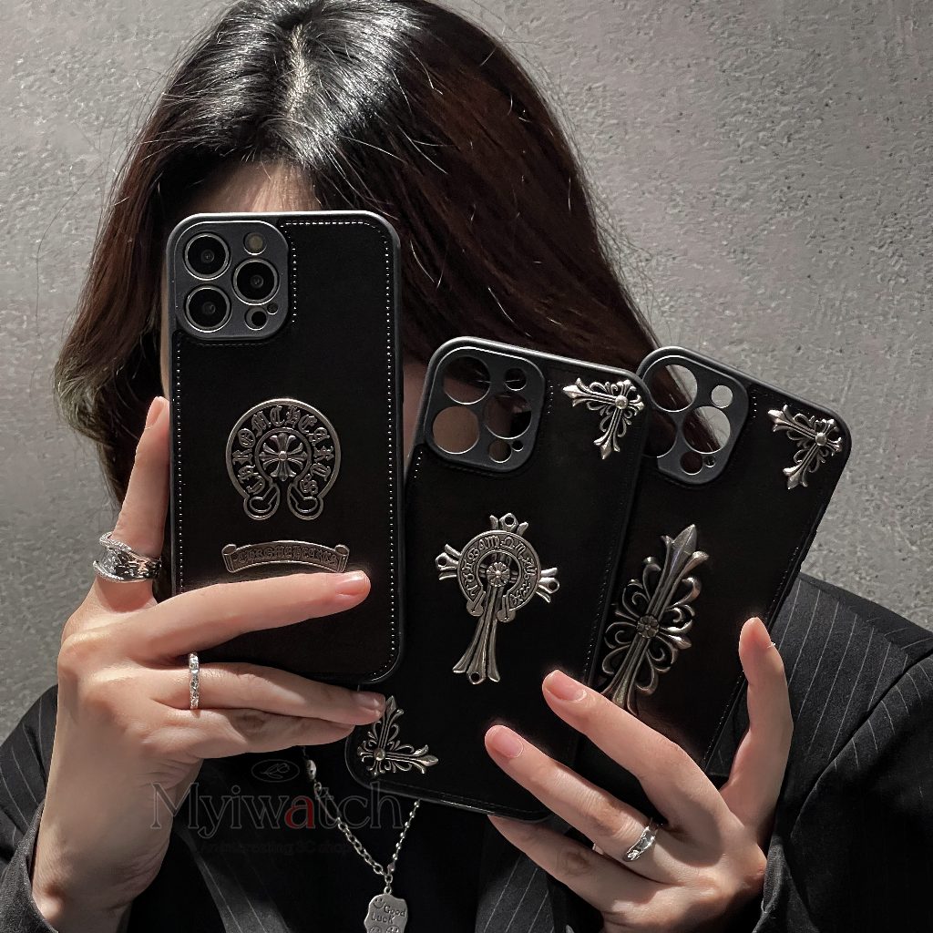 พังก์โลหะวีเนียร์ซองหนังสําหรับ ไอโฟน iPhone 17 16 15 14 13 12 11 Pro Max มือโปร สูงสุด 3ง โลหะข้ามโลหะตกแต่งครอบคลุมเต็มรูปแบบการออกแบบป้องกันการตกปก