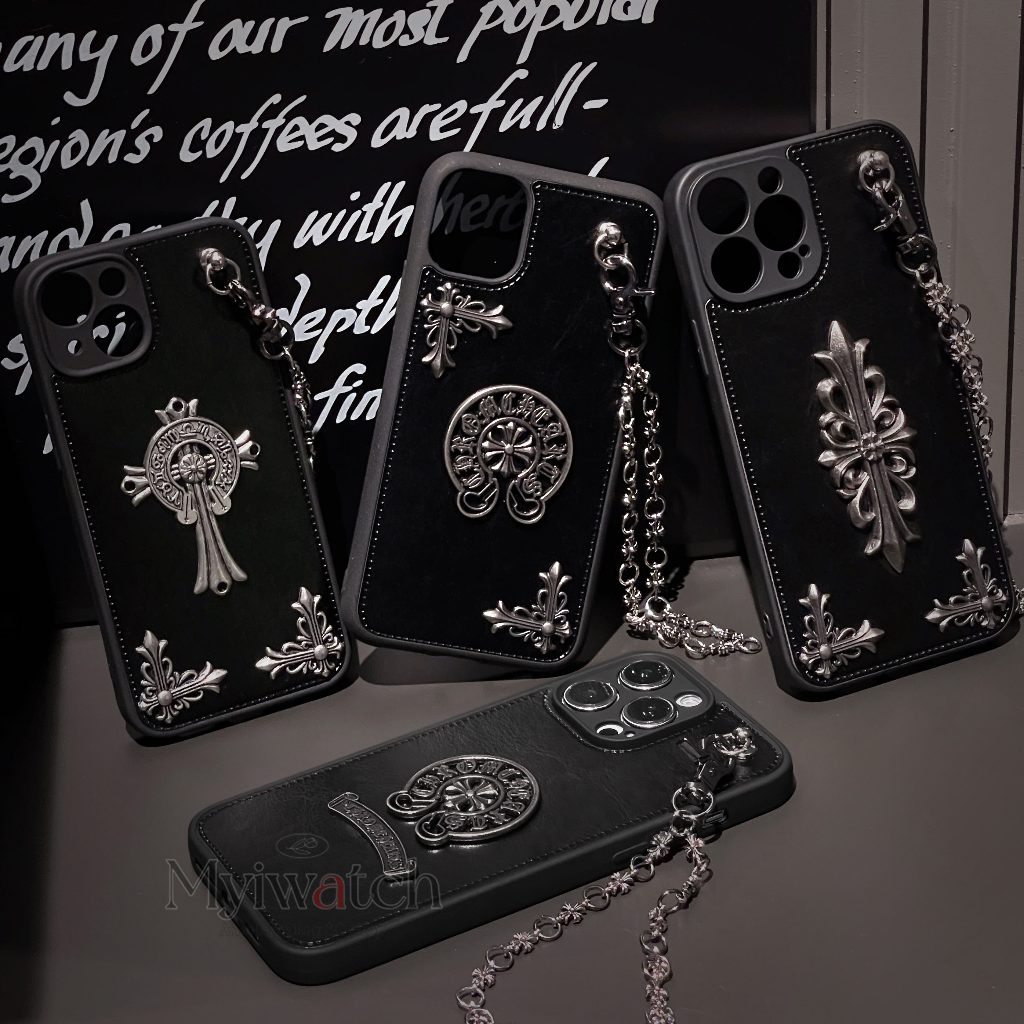 โลหะ Rivets Chrome Heart หนังสําหรับ IPhone 16 15 13 12 11 Pro Max โลหะ Anti Loss การออกแบบโซ่เต็มรูปแบบ Anti Falling ฝาครอบ