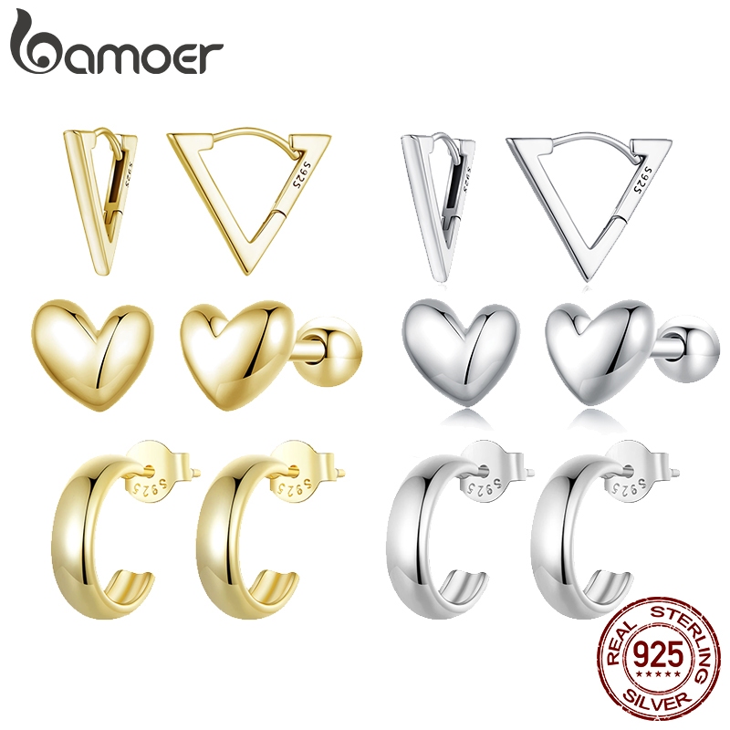 Bamoer ต่างหูสตั๊ด เงินสเตอร์ลิง 925 ทรงสามเหลี่ยม รูปหัวใจ เรียบง่าย เครื่องประดับ ของขวัญ สําหรับผู้หญิง
