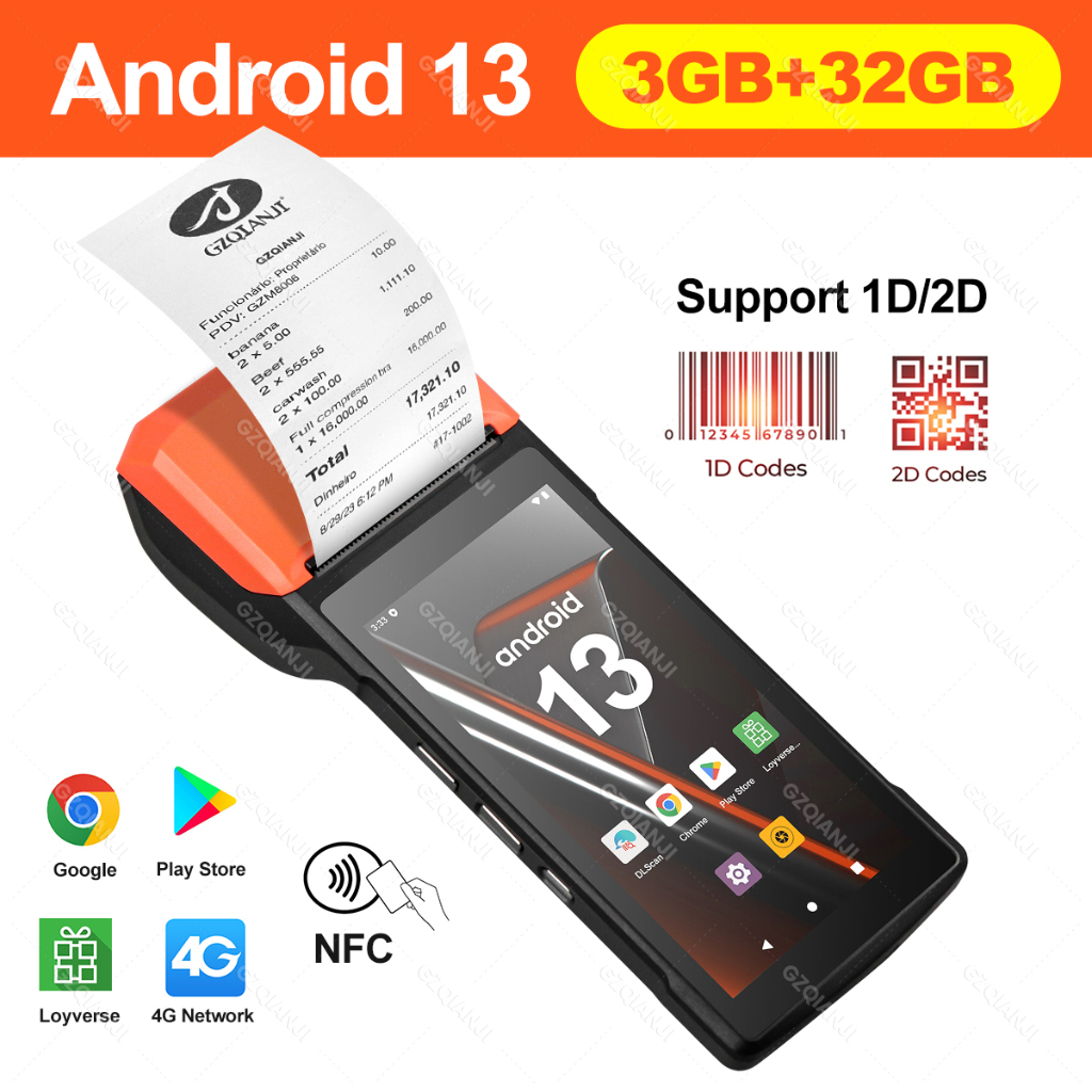 เครื่องสแกนบาร์โค้ด WIFI 4G NFC Android13 มือถือ POS PDA พร้อมบลูทูธ 2+16GB 3+32GB POS 58 มม. รองรับ Google Play Loyverse