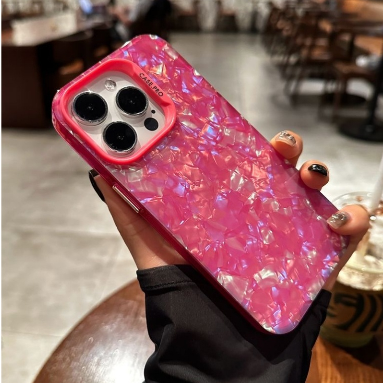 【 สีชมพู/สีม่วง สองชั้น IMD Shell Pattern 】เคสโทรศัพท์มือถือนิ่ม แบบใส เรียบง่าย กันตก สําหรับ iPhon