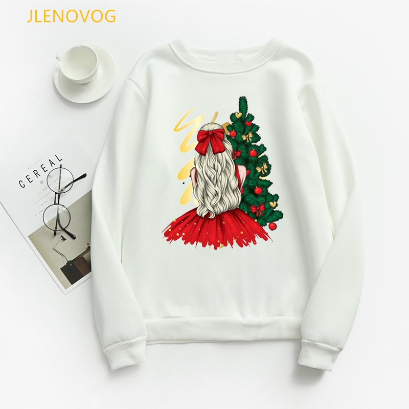 เสื้อกันหนาวลําลอง ผ้ากํามะหยี่ พิมพ์ลายต้นคริสต์มาส แบบสวมหัว สีขาว เหมาะกับของขวัญวันเกิด แฟชั่นฤดูใบไม้ร่วง และฤดูหนาว สําหรับเด็กผู้หญิง