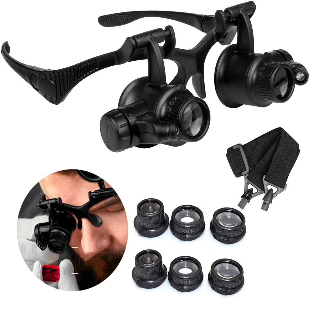 แว่นขยาย 10x 15x 20x 25x LED เครื่องมือซ่อมนาฬิกา เครื่องประดับ สองตา