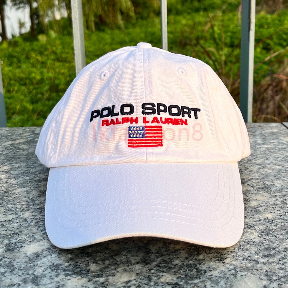 RL PL หมวกเบสบอล POLO SPORT สีขาว US Flag Cotton Chino Stocked Gift Vintage Wear