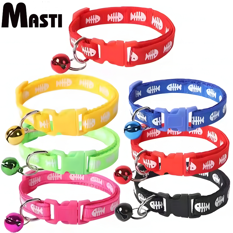 MASTI ปลอกคอแมว กระดิ่ง ลายก้างปลา น่ารัก เลือกสีได้ สายปรับได้ยาว 30 ซม.LI0233