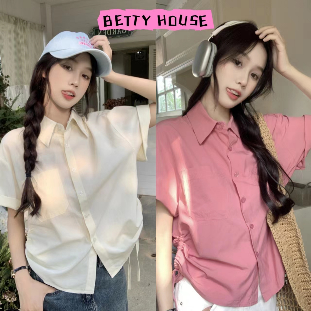 Betty House เสื้อเชิ้ตแขนสั้น เสื้อเชิ้ตแฟชั่นแขนสั้นมีเชือกรูดหลวมสไตล์เกาหลี พร้อมส่งจากกรุงเทพฯถึงภายใน3-5วันค่ะ